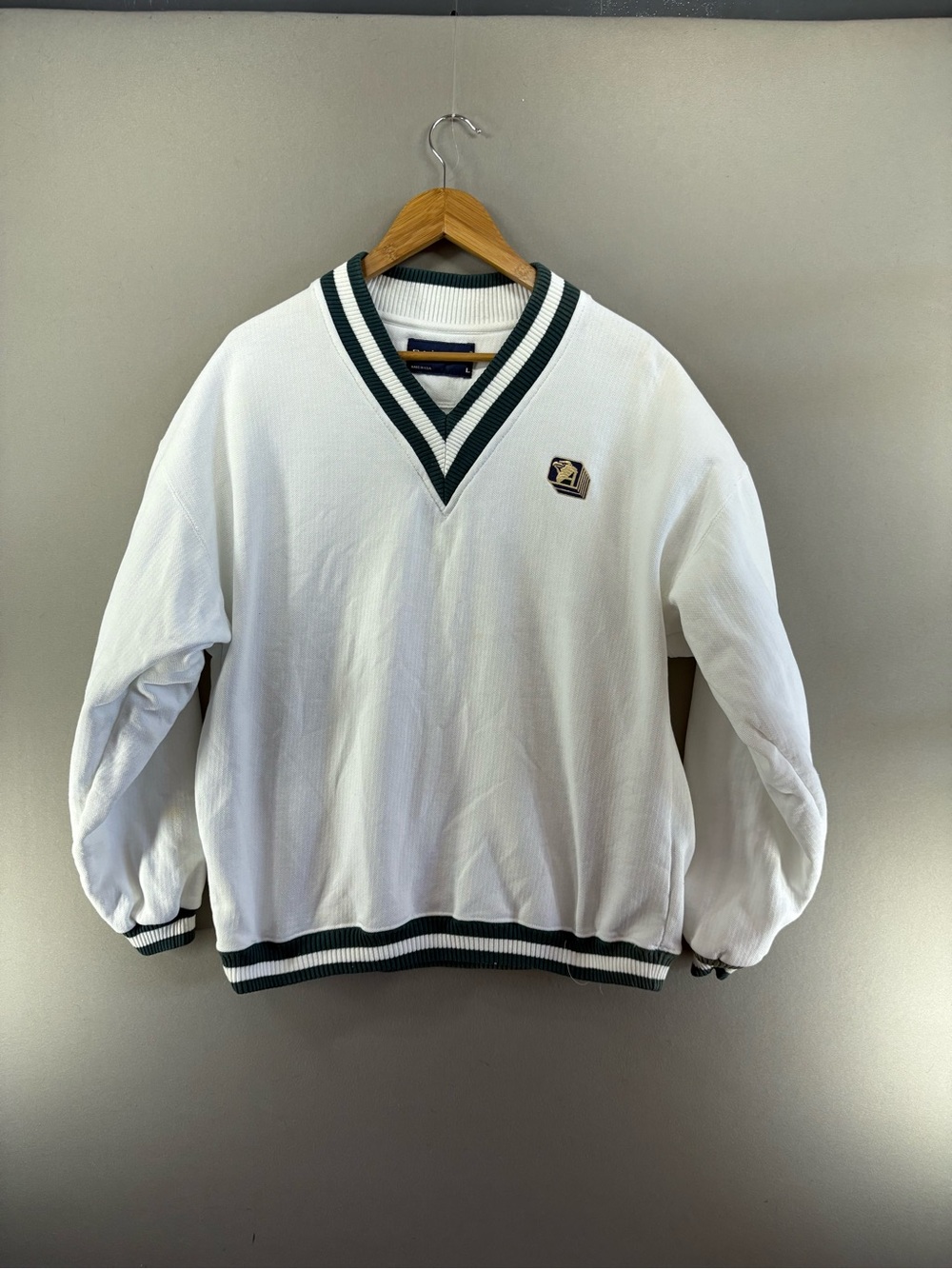 Vintage Swingster V-Neck Sweatshirt White Green  Men’s L Pullover Made In USA